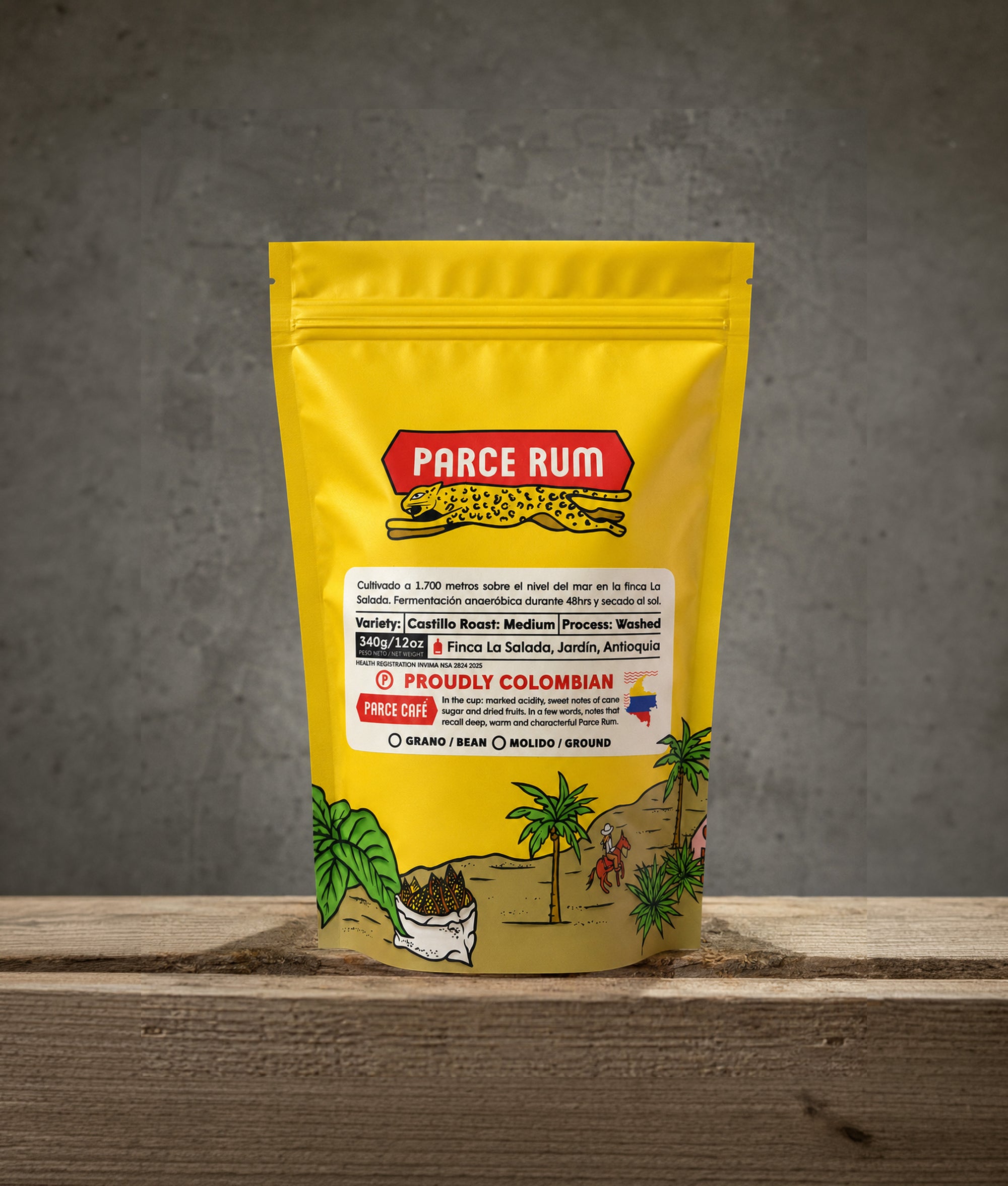 Parce Café Bolsa vista de respaldo con etiqueta de origen, Antioquia